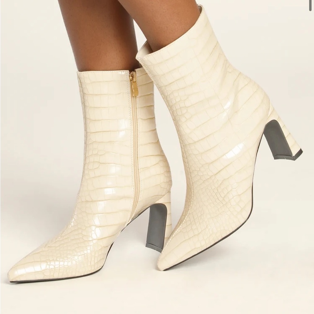 NWOT Ivory Crocodile-Embossed Mid-Calf High Heel Boots